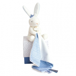 Lapin Matelot - White Rabbit Blue Doudou (Comfort Blanket) in beautiful Gift Box.