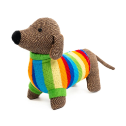 Tweed Sausage Dog wearing a Bold Striped Jumper