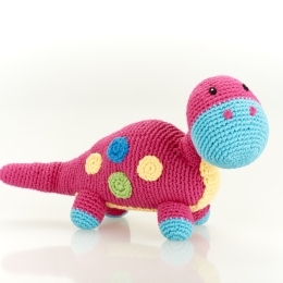 Fair Trade Cotton Crochet Baby Dinosaur Toy - Pink Dippy Rattle