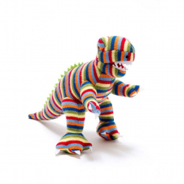 Small Knitted Stripy T-Rex Dinosaur Rattle