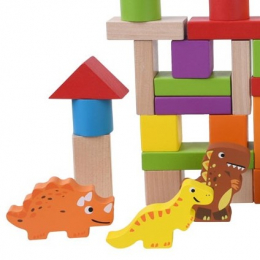 50 Wooden Dinosaur Building Blocks with Storage Tub