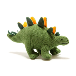Small Knitted Green and Orange Stegosaurus Baby Rattle Toy